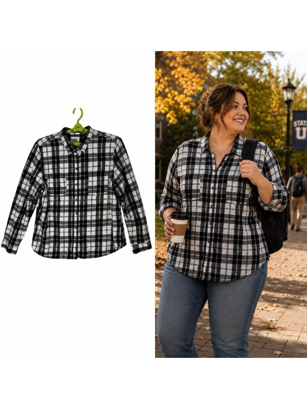 Old Navy Women's XXL Black & White IT Plaid Flannel Shirt 100% Cotton